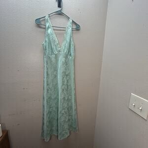 BHS English Boutique Long Maxi Dress Slip Satin Lace Trim Turquoise Sz 38 / 10